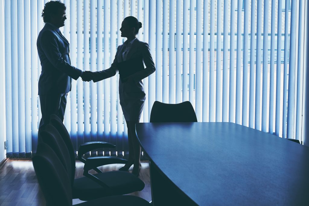 Businessman and businesswoman handshaking in office